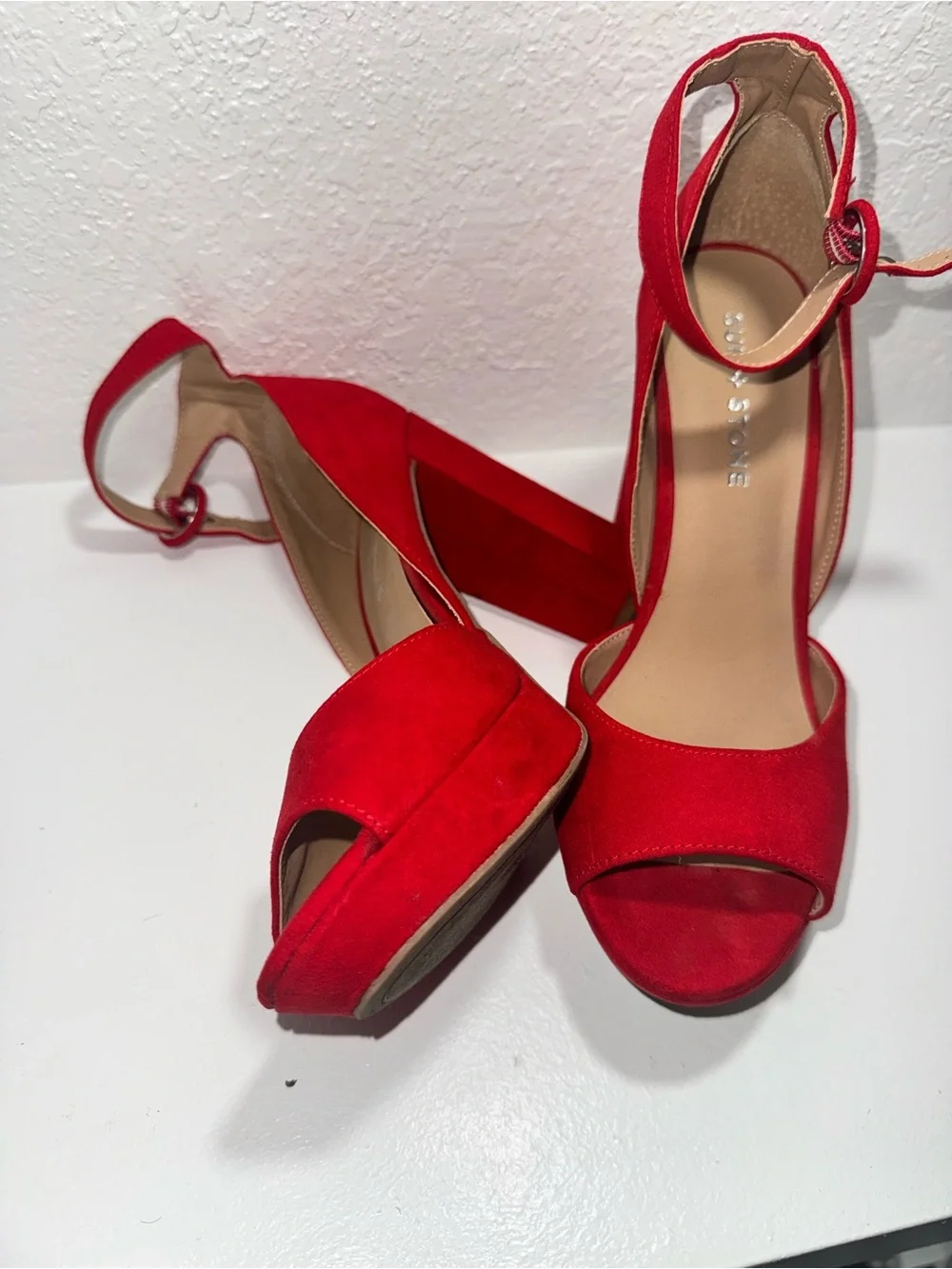 Sun + Stone Red Suede Peep-Toe Ankle Strap Platform Heels